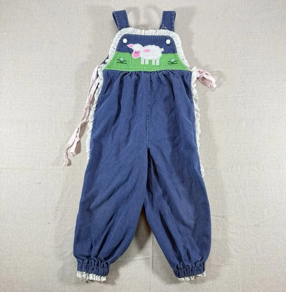 Vintage Ellen Miklas Originals Girls Lamb Applique Romper Overalls 3T USA